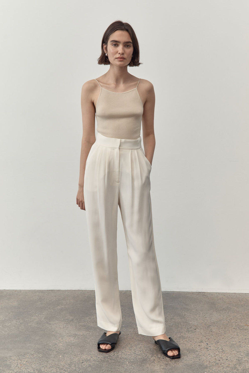 High Waist Pleated Pants- Cool White – Slowly Studio